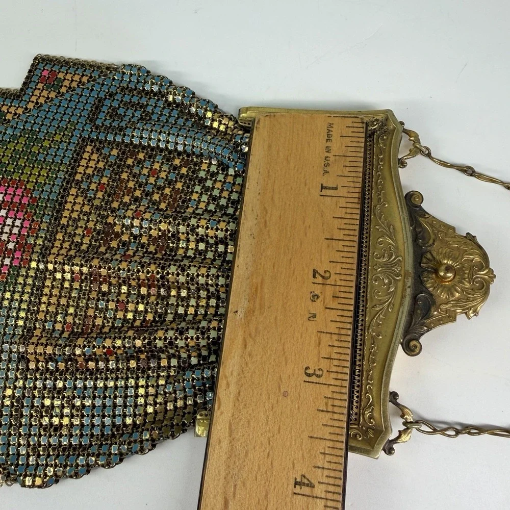 Antique 1920's Whiting & Davis Art Deco Metal Mesh Bag Purse USA Flapper Floral
